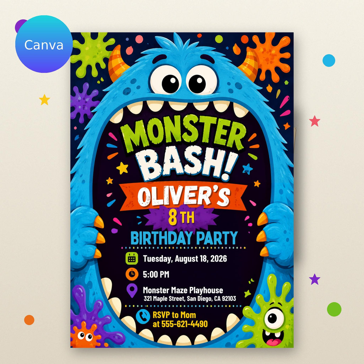Colorful Monster 8th Birthday Invitation — editable Canva template