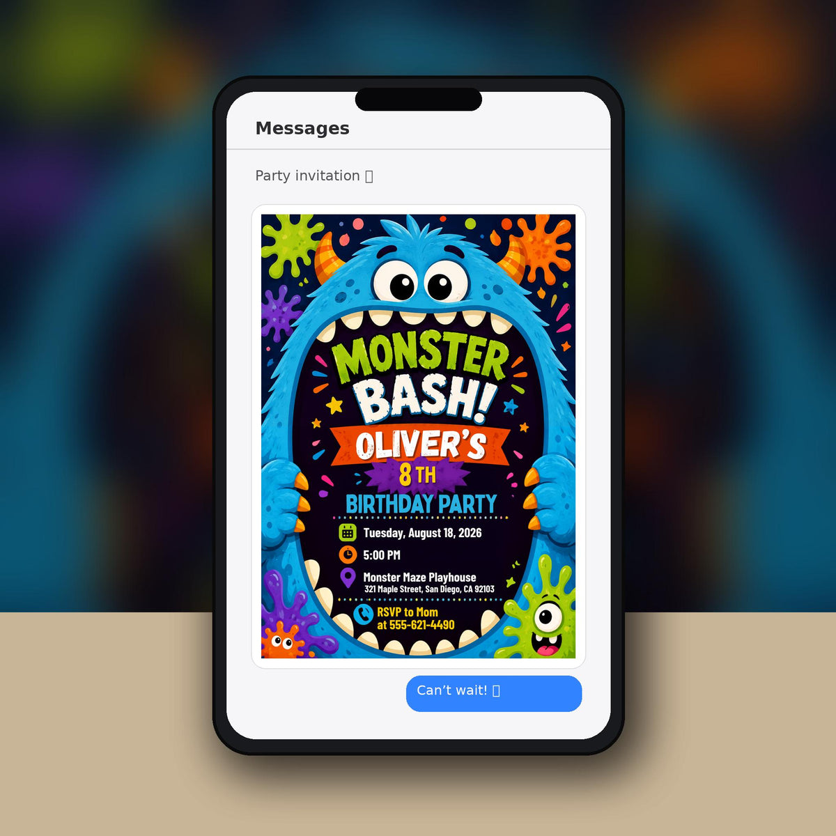 Colorful Monster 8th Birthday Invitation — invitation you personalize in Canva