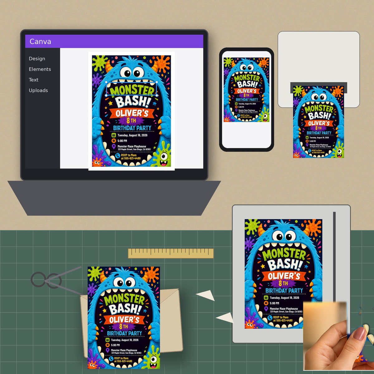 Colorful Monster 8th Birthday Invitation — digital invitation, instant download