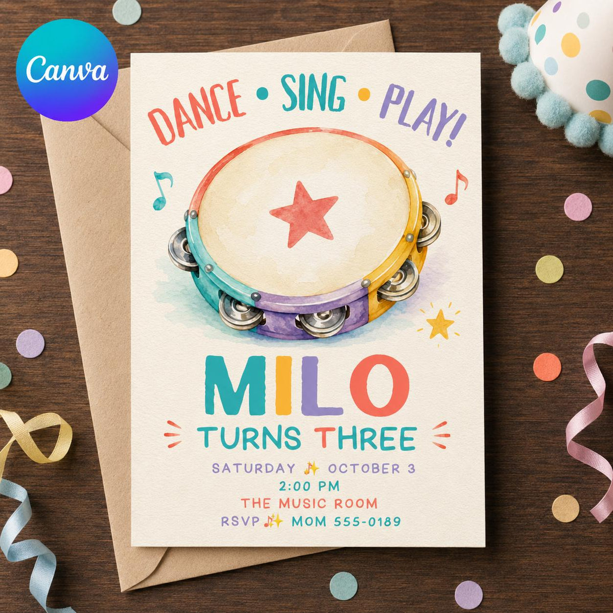 Colorful Music 3rd Birthday Invitation — editable Canva template
