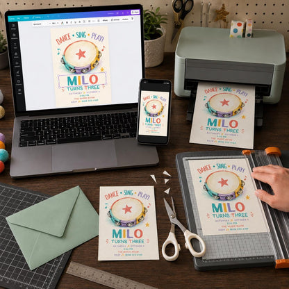 Colorful Music 3rd Birthday Invitation — print-ready 3rd birthday party design from VoltBy