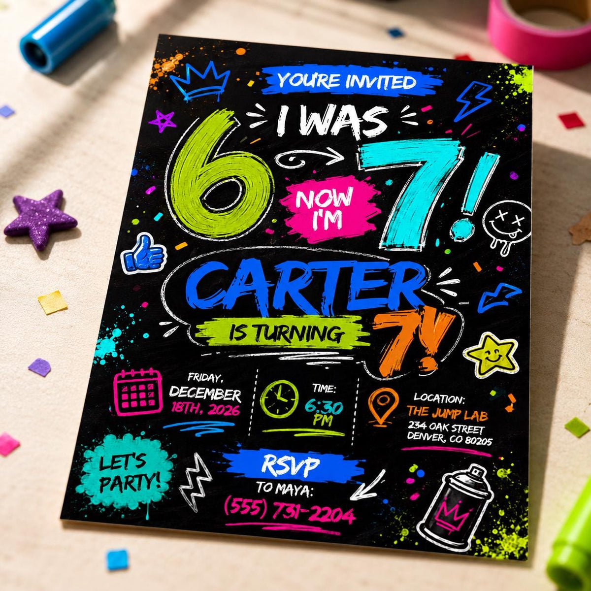 Colorful Neon 7th Birthday Invitation — graffiti design