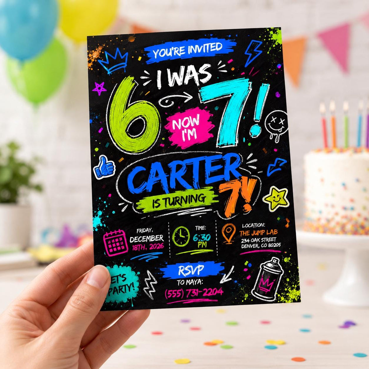 Colorful Neon 7th Birthday Invitation — print-ready 7th birthday party design from VoltBy