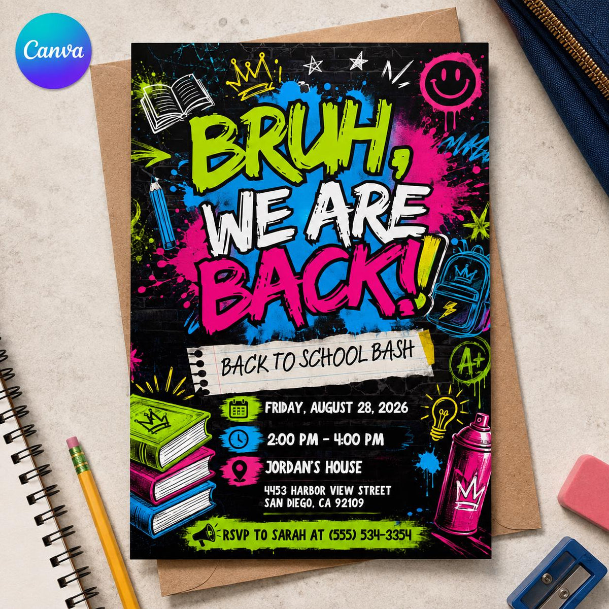 Colorful Neon Back to School Bash Invitation — editable Canva template