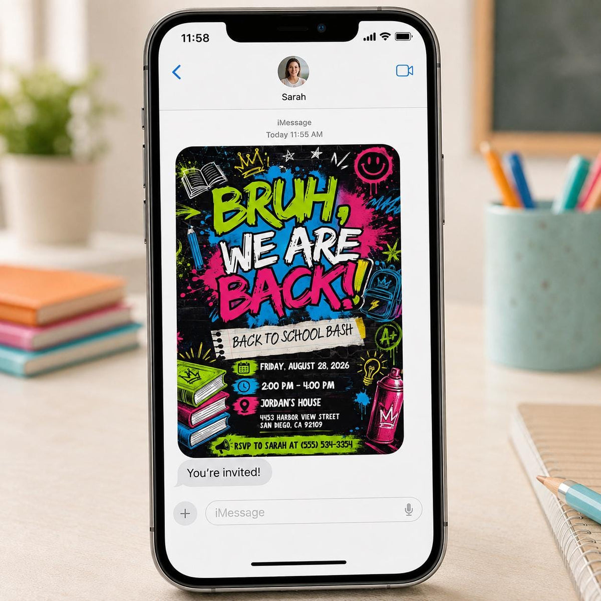 Colorful Neon Back to School Bash Invitation — graffiti design