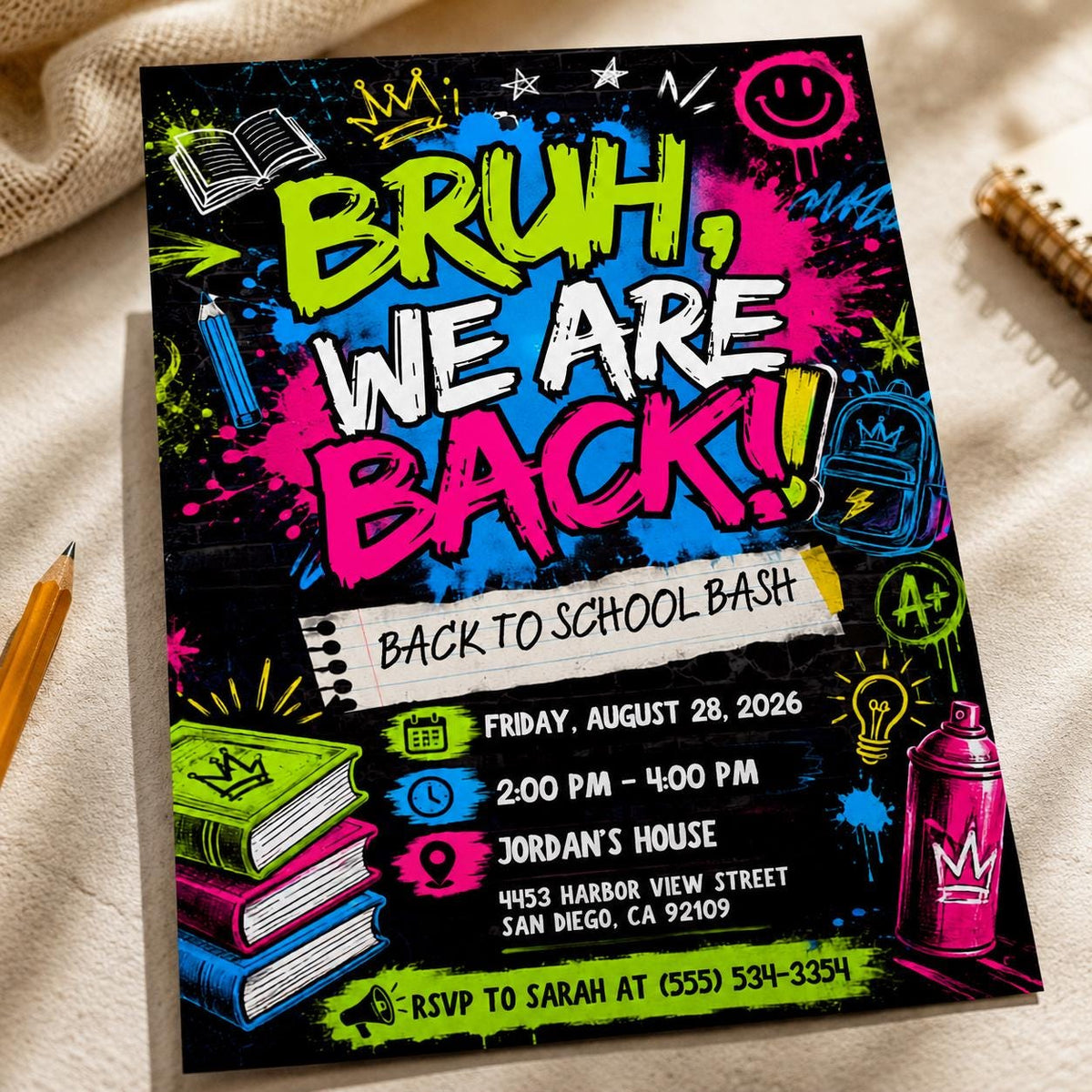 Colorful Neon Back to School Bash Invitation — digital invitation, instant download
