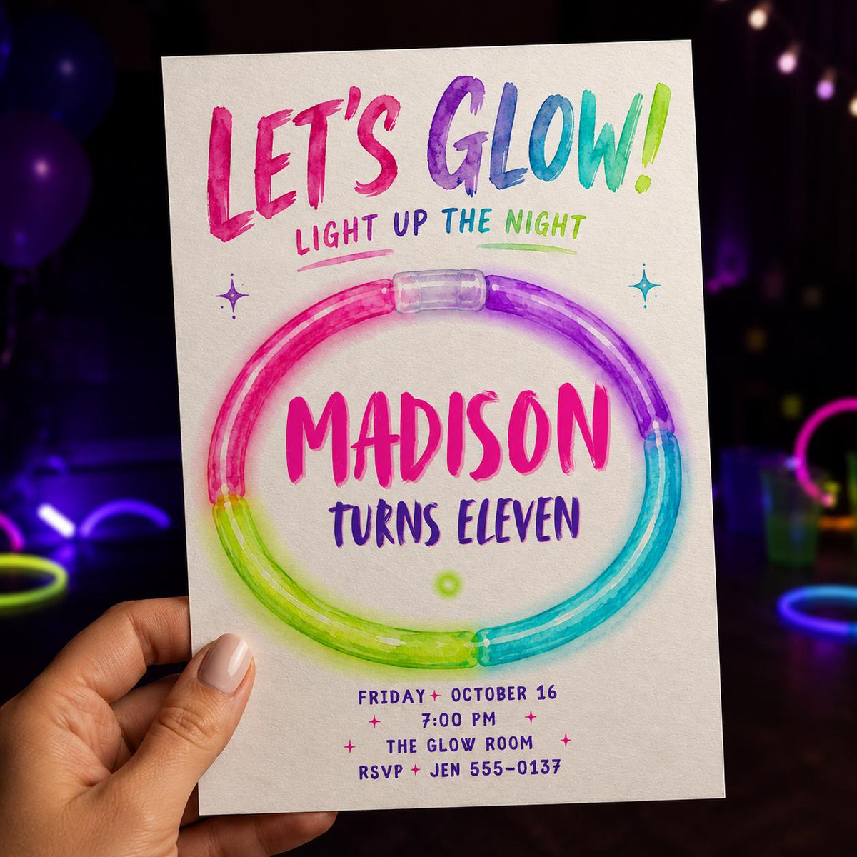 Colorful Neon Glow Party 11th Birthday Invitation — print-ready 11th birthday party design from VoltBy