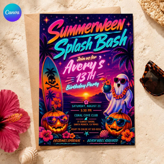 Colorful Neon Monster Bash Invitation — editable Canva template