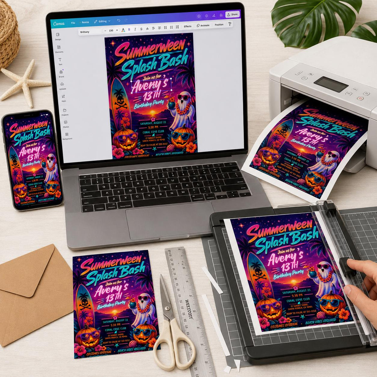 Colorful Neon Monster Bash Invitation — print-ready Halloween party design from VoltBy