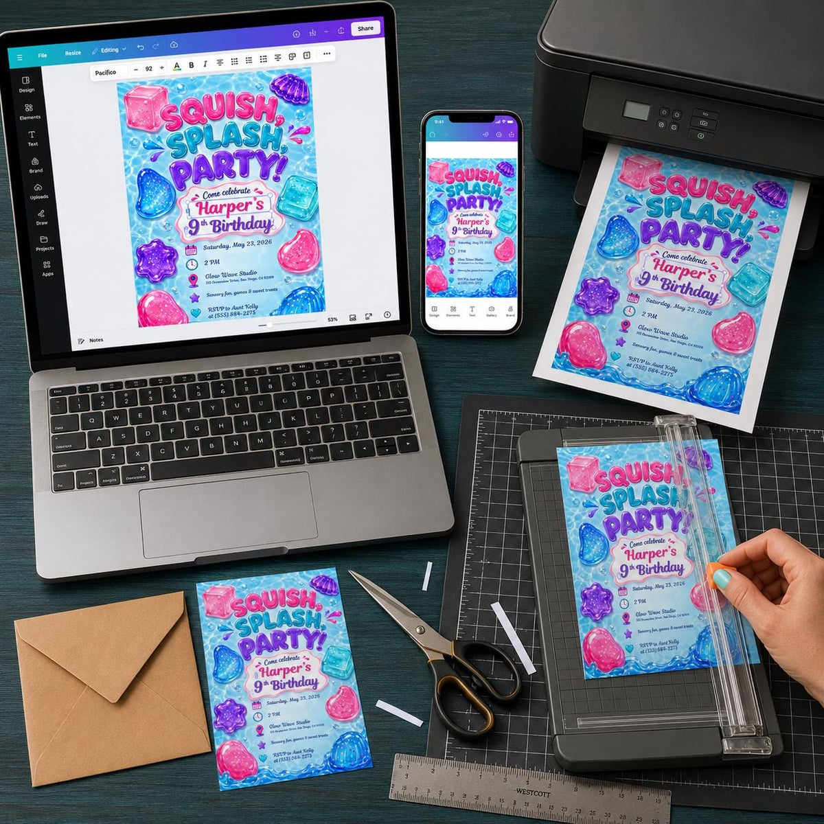 Colorful Neon Squish and Splash 9th Birthday Invitation for Girls — invitation you personalize in Canva