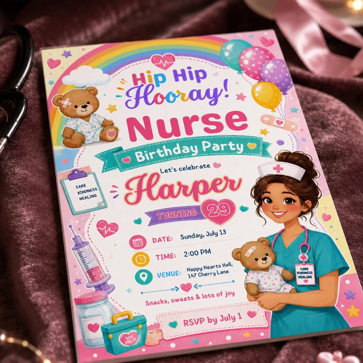 Colorful Nurse Birthday Invitation — print-ready birthday party design from VoltBy