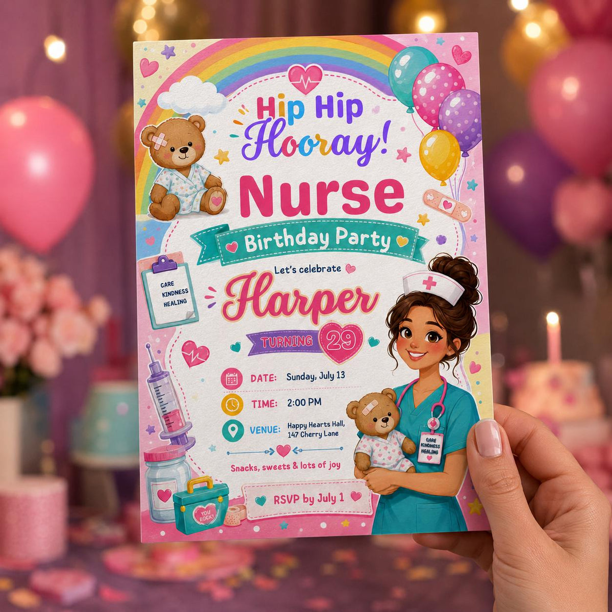 Colorful Nurse Birthday Invitation — digital invitation, instant download