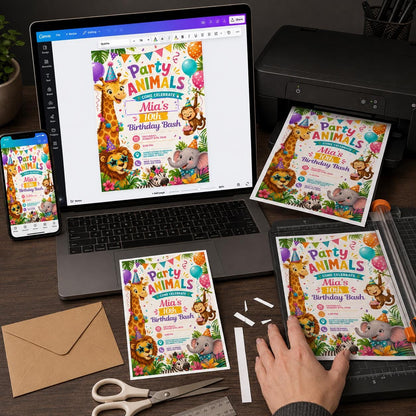 Colorful Party Animals 10th Birthday Invitation — safari design