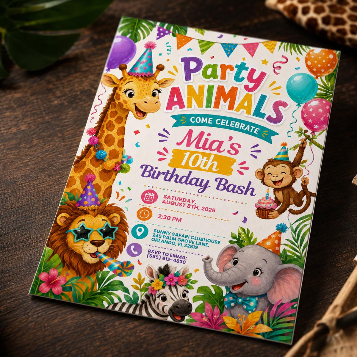 Colorful Party Animals 10th Birthday Invitation — invitation you personalize in Canva