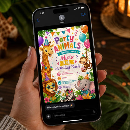 Colorful Party Animals 10th Birthday Invitation — print-ready 10th birthday party design from VoltBy