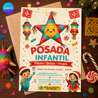 Colorful Posada Infantil Invitation — editable Canva template