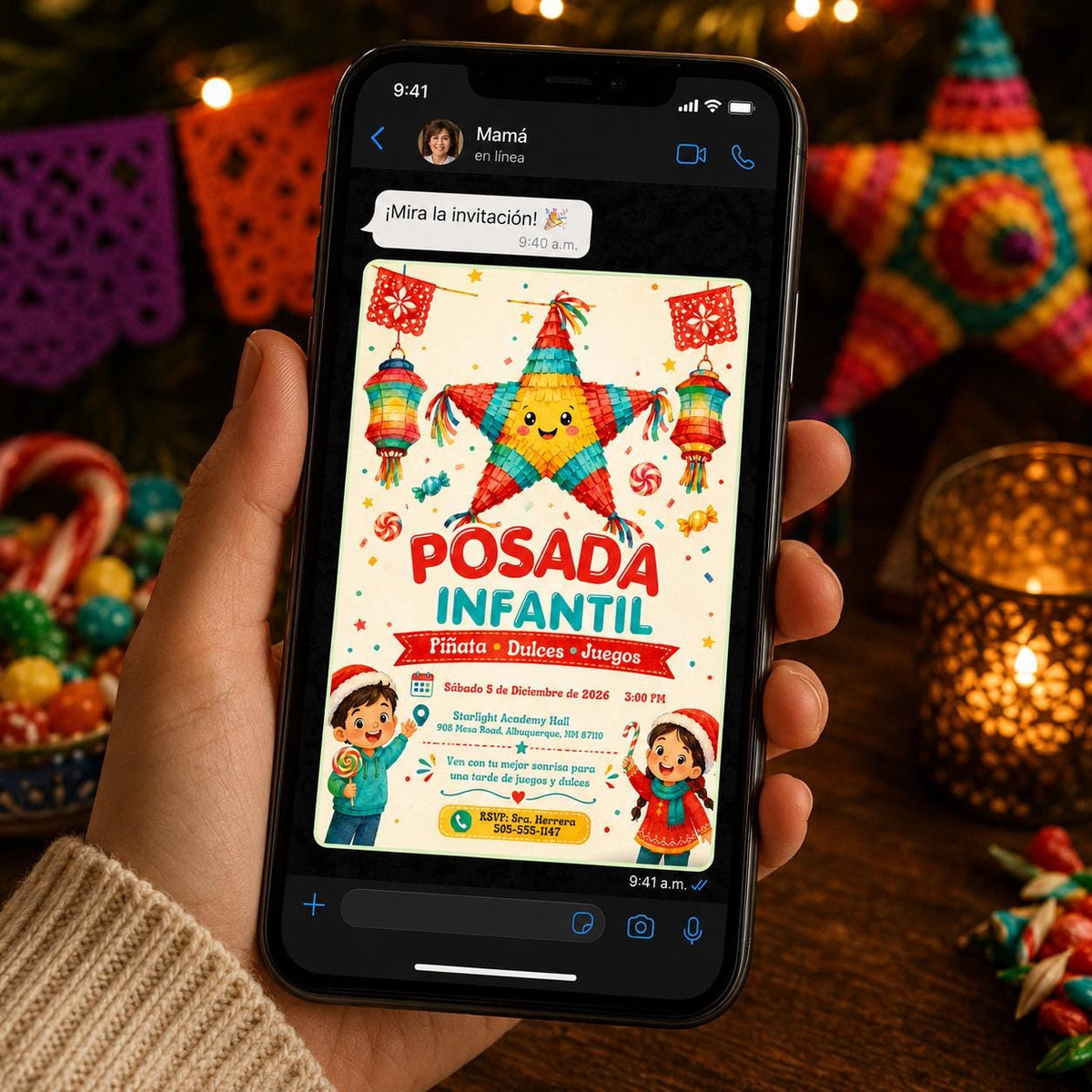Colorful Posada Infantil Invitation in red and teal