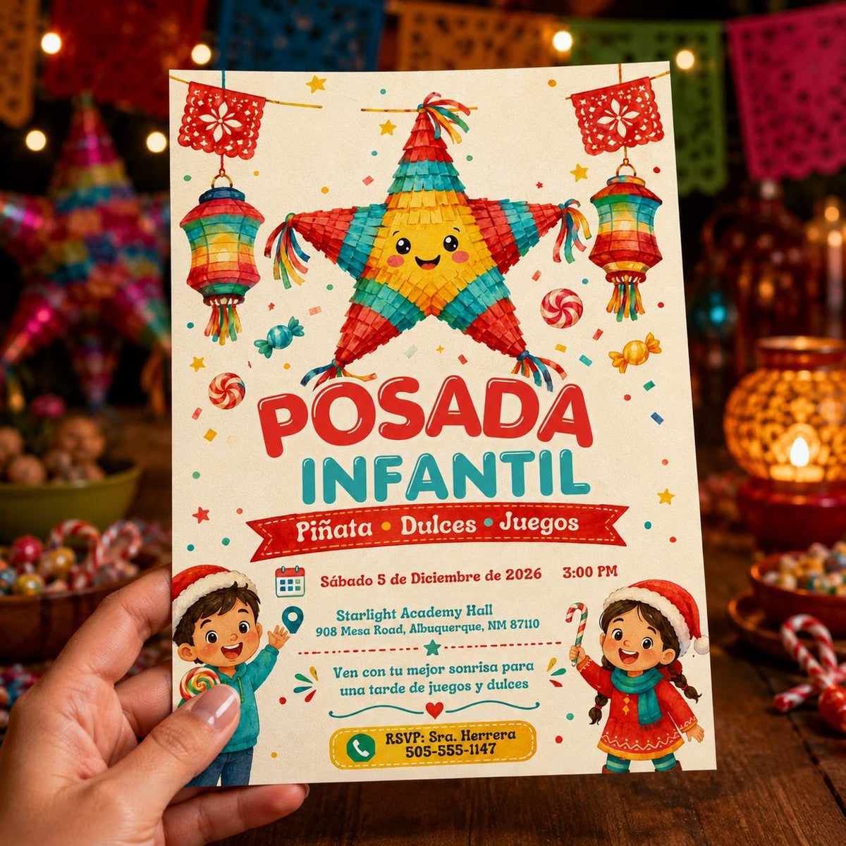 Colorful Posada Infantil Invitation — fiesta and lantern design