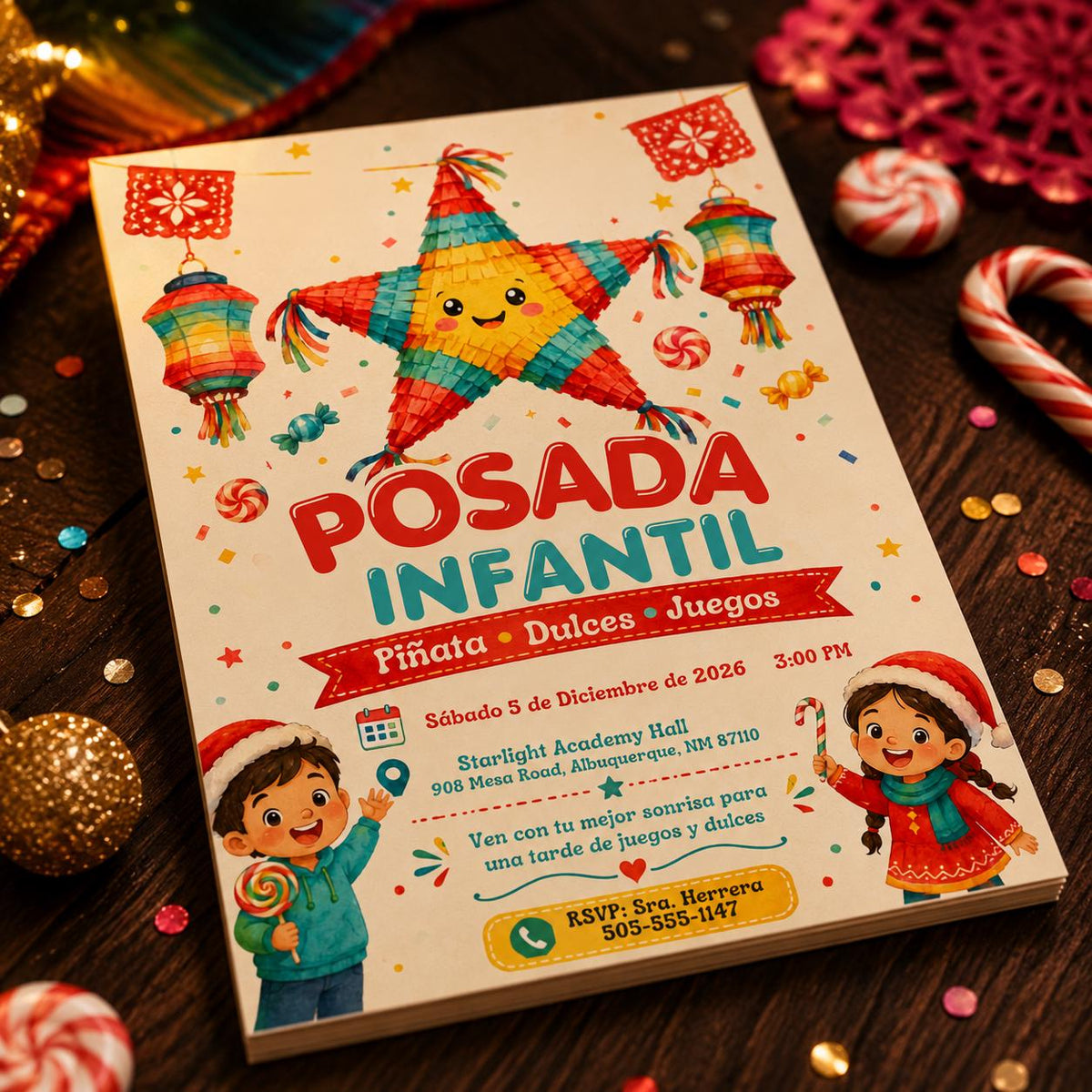 Colorful Posada Infantil Invitation — fiesta and lantern artwork in red and teal