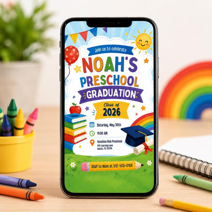 Colorful Preschool Graduation Invitation — invitation you personalize in Canva
