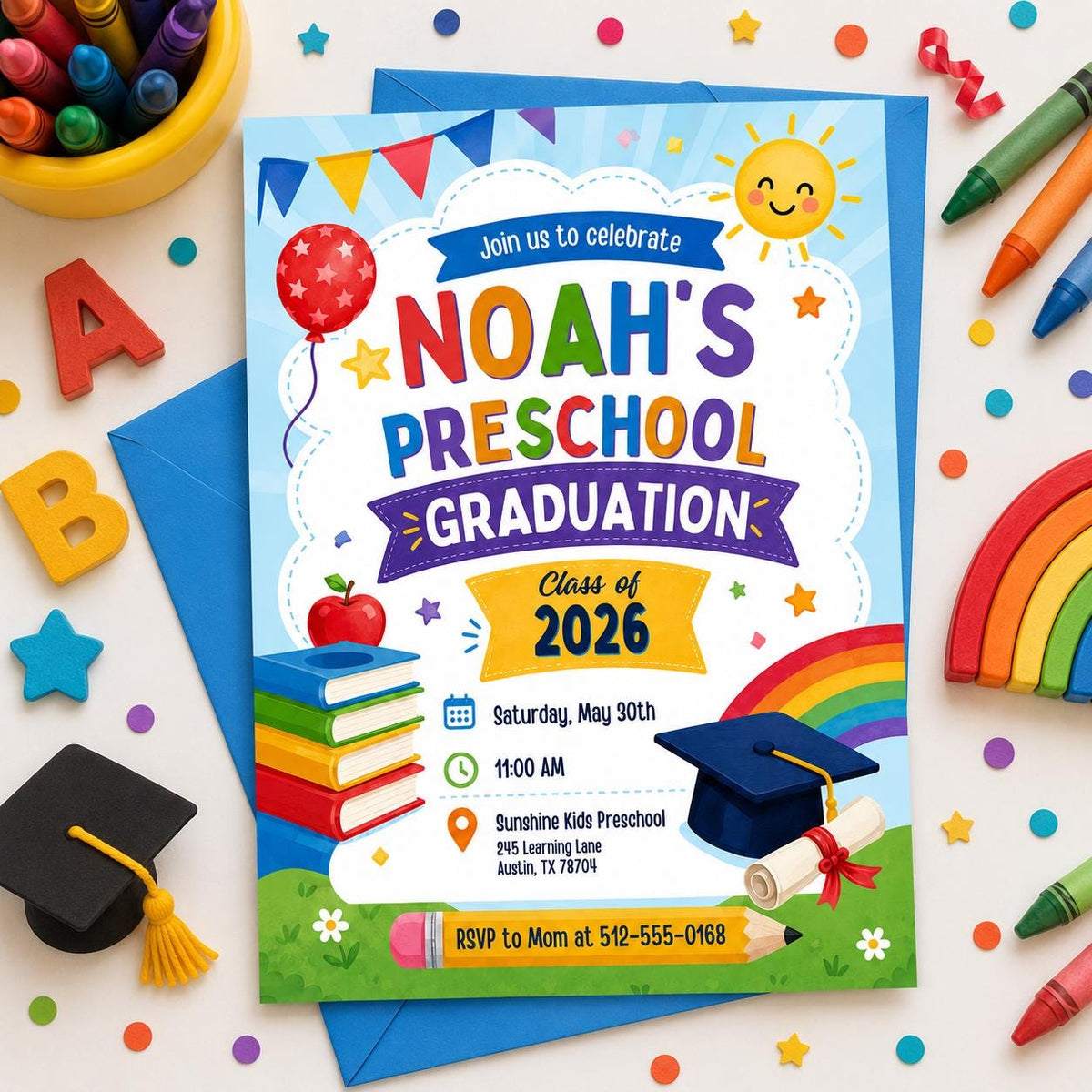 Colorful Preschool Graduation Invitation — print-ready graduation party design from VoltBy