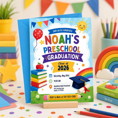 Colorful Preschool Graduation Invitation — digital invitation, instant download