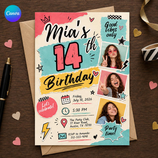 Colorful Retro 14th Birthday Photo Invitation for Girls — editable Canva template