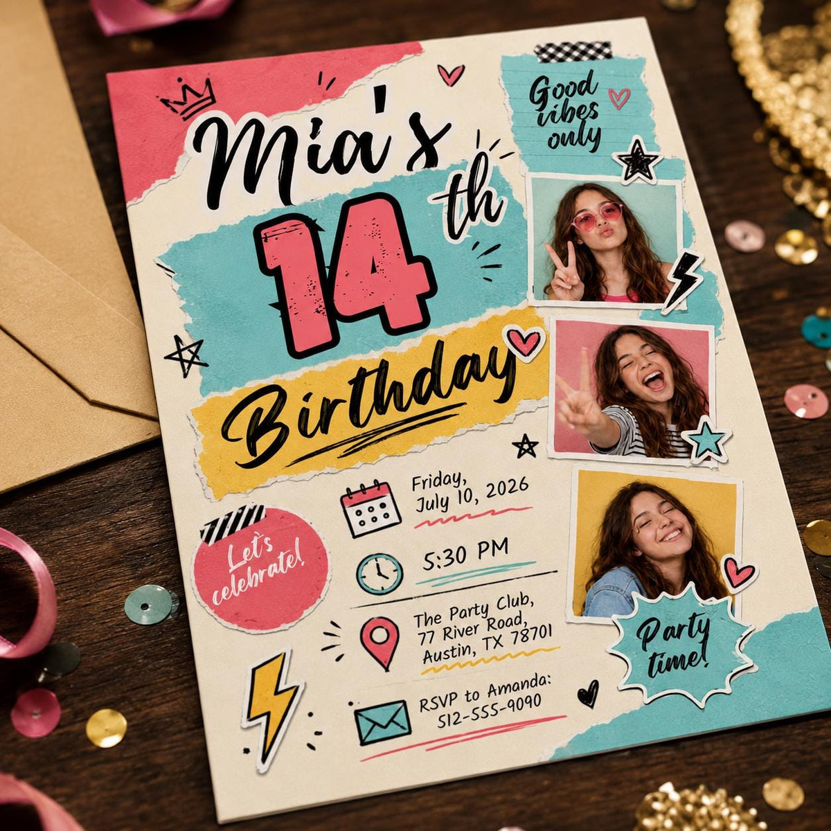Colorful Retro 14th Birthday Photo Invitation for Girls — invitation you personalize in Canva