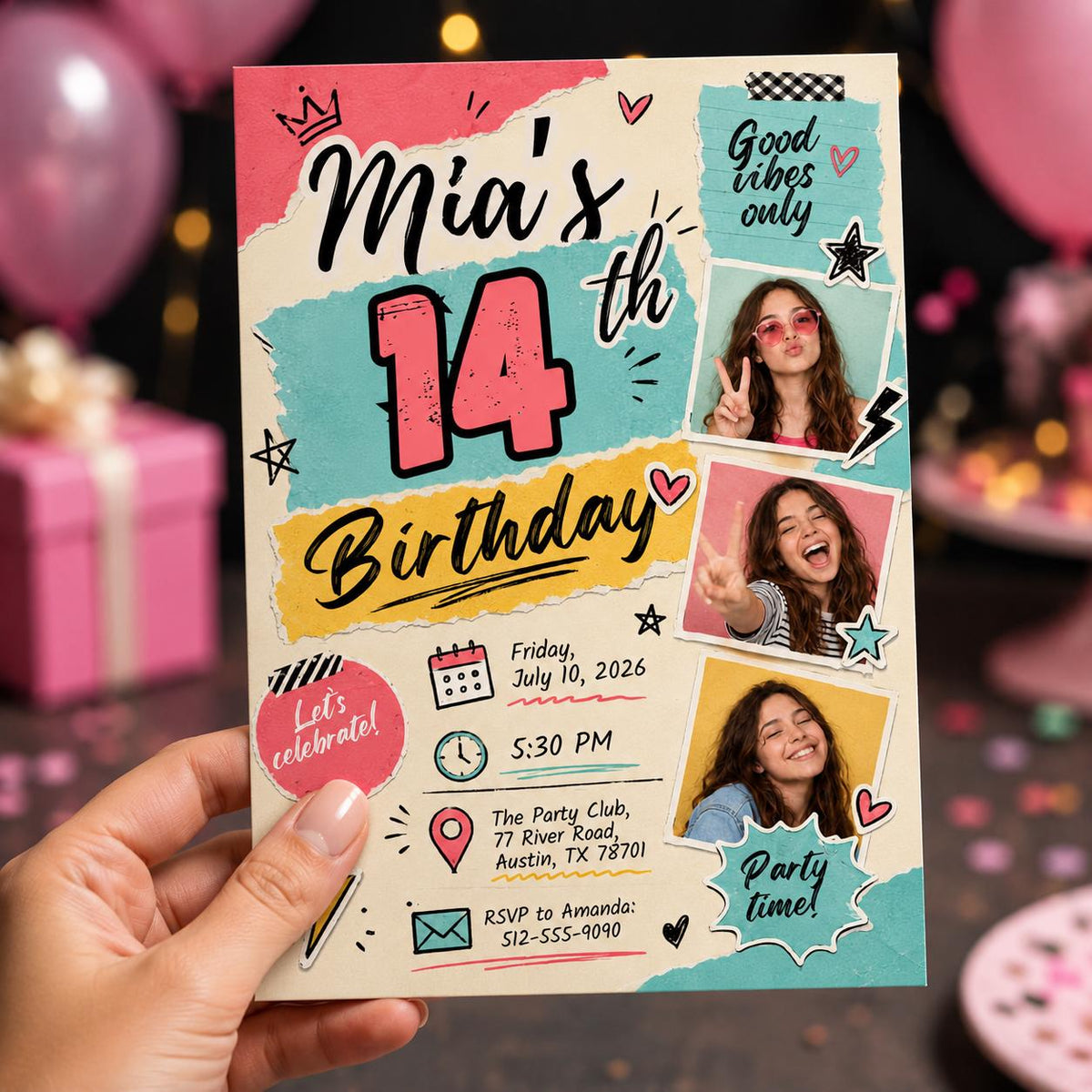 Colorful Retro 14th Birthday Photo Invitation for Girls — print-ready 14th birthday party design from VoltBy
