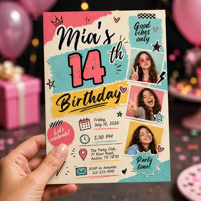 Colorful Retro 14th Birthday Photo Invitation for Girls — print-ready 14th birthday party design from VoltBy
