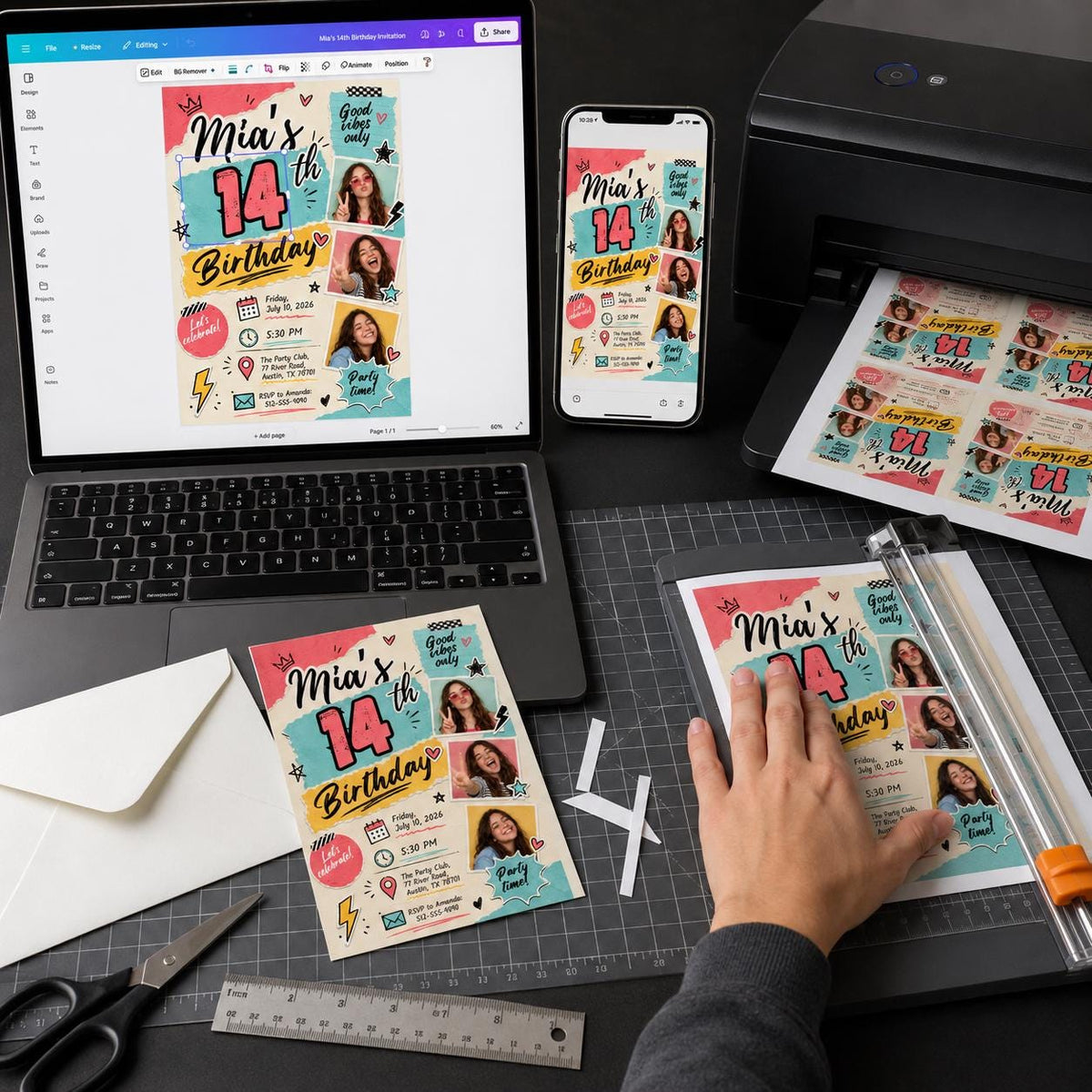Colorful Retro 14th Birthday Photo Invitation for Girls — digital invitation, instant download