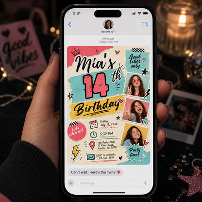 Colorful Retro 14th Birthday Photo Invitation for Girls — 14th birthday party stationery by VoltBy