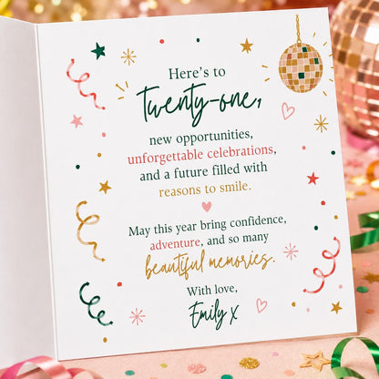 Colorful Retro 21st Birthday Greeting Card for Her — greeting card you personalize in Canva