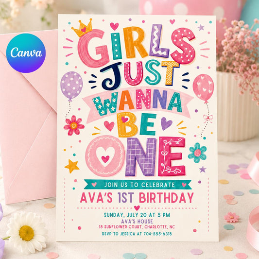 Colorful Retro Girls Just Wanna Be One 1st Birthday Invitation — editable Canva template