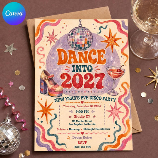 Colorful Retro New Year's Eve Disco Invitation — editable Canva template