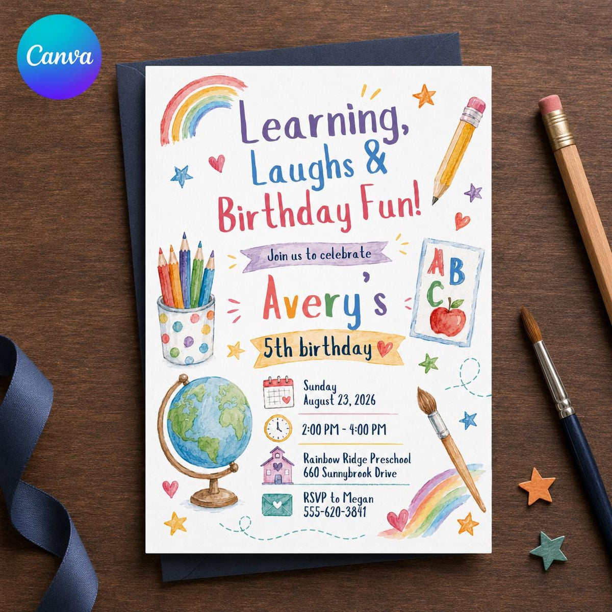 Colorful School 5th Birthday Invitation — editable Canva template