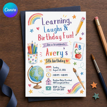 Colorful School 5th Birthday Invitation — editable Canva template