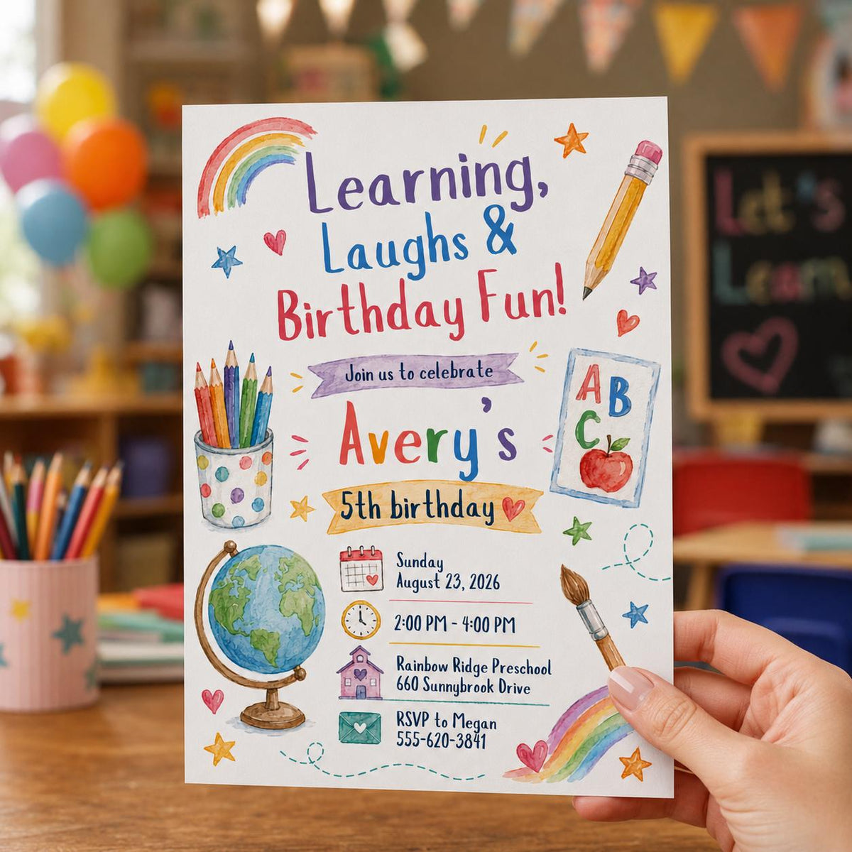 Colorful School 5th Birthday Invitation — digital invitation, instant download