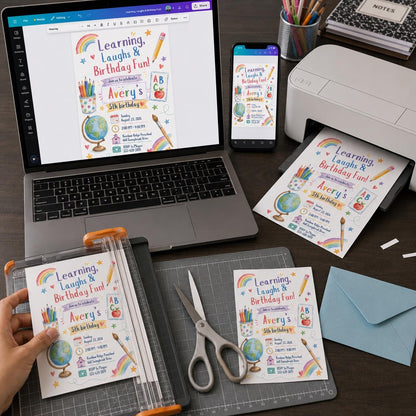 Colorful School 5th Birthday Invitation — 5th birthday party stationery by VoltBy