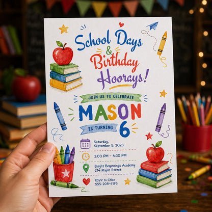 Colorful School 6th Birthday Invitation: Colorful Crayon Classroom — supplies design