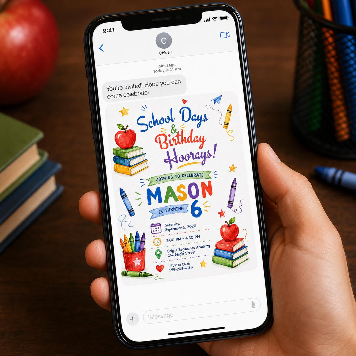 Colorful School 6th Birthday Invitation: Colorful Crayon Classroom — digital invitation, instant download