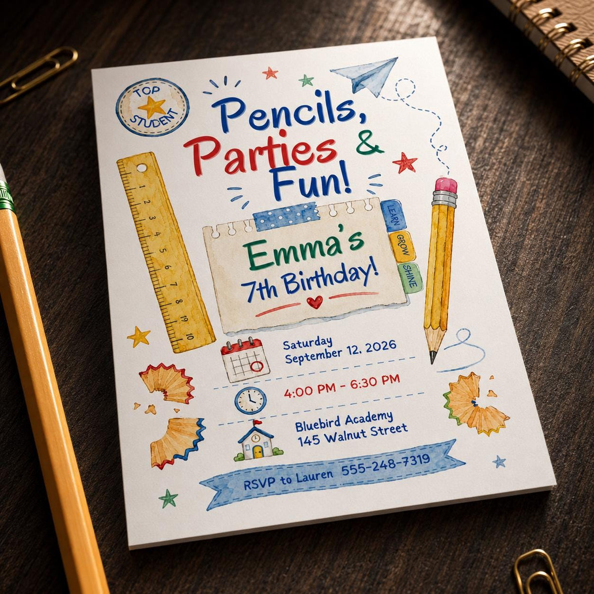 Colorful School 7th Birthday Invitation — pencil and supplies design