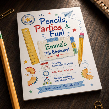 Colorful School 7th Birthday Invitation — pencil and supplies design