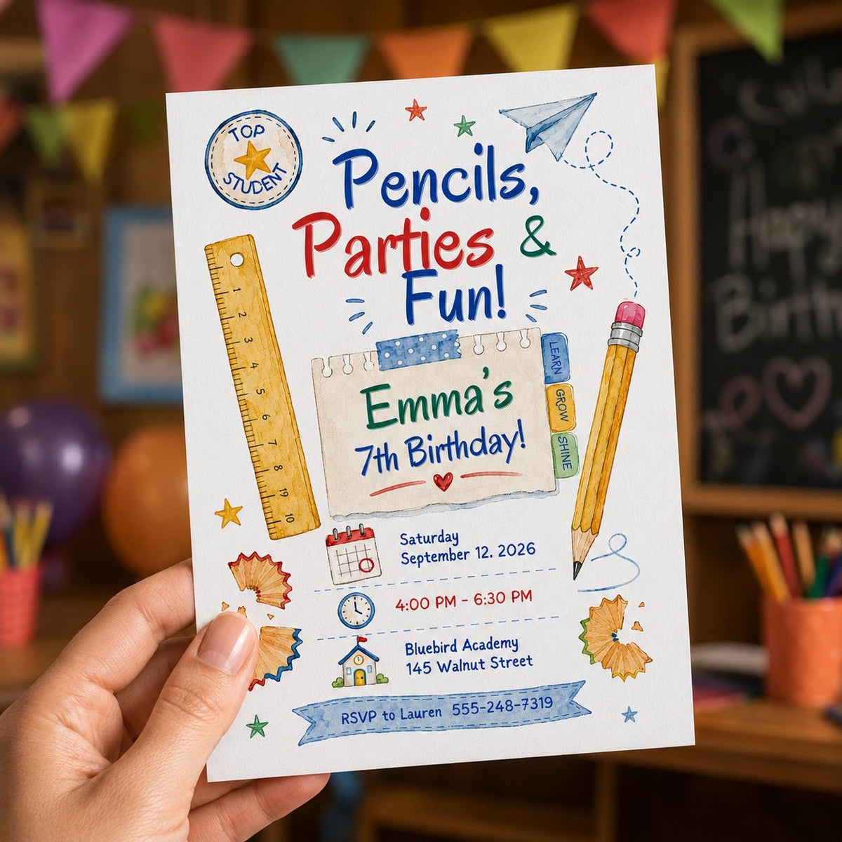 Colorful School 7th Birthday Invitation — print-ready 7th birthday party design from VoltBy