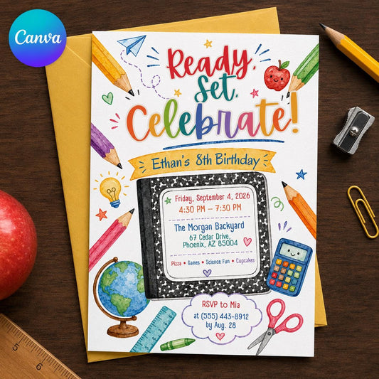 Colorful School 8th Birthday Invitation — editable Canva template