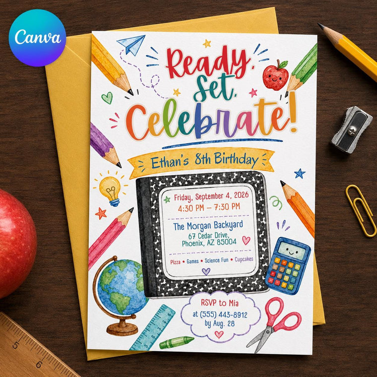 Colorful School 8th Birthday Invitation