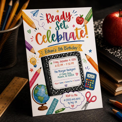 Colorful School 8th Birthday Invitation — supplies design