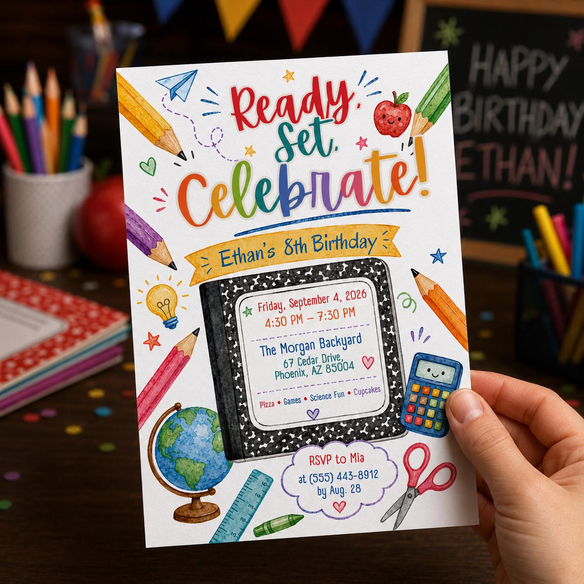 Colorful School 8th Birthday Invitation — invitation you personalize in Canva