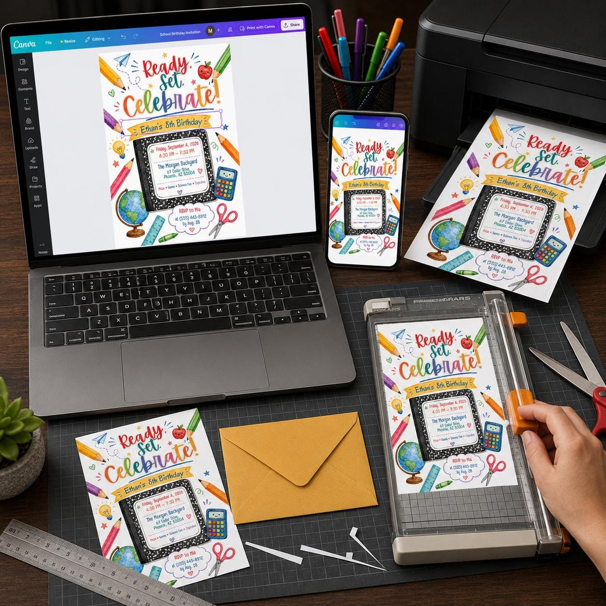 Colorful School 8th Birthday Invitation — print-ready 8th birthday party design from VoltBy
