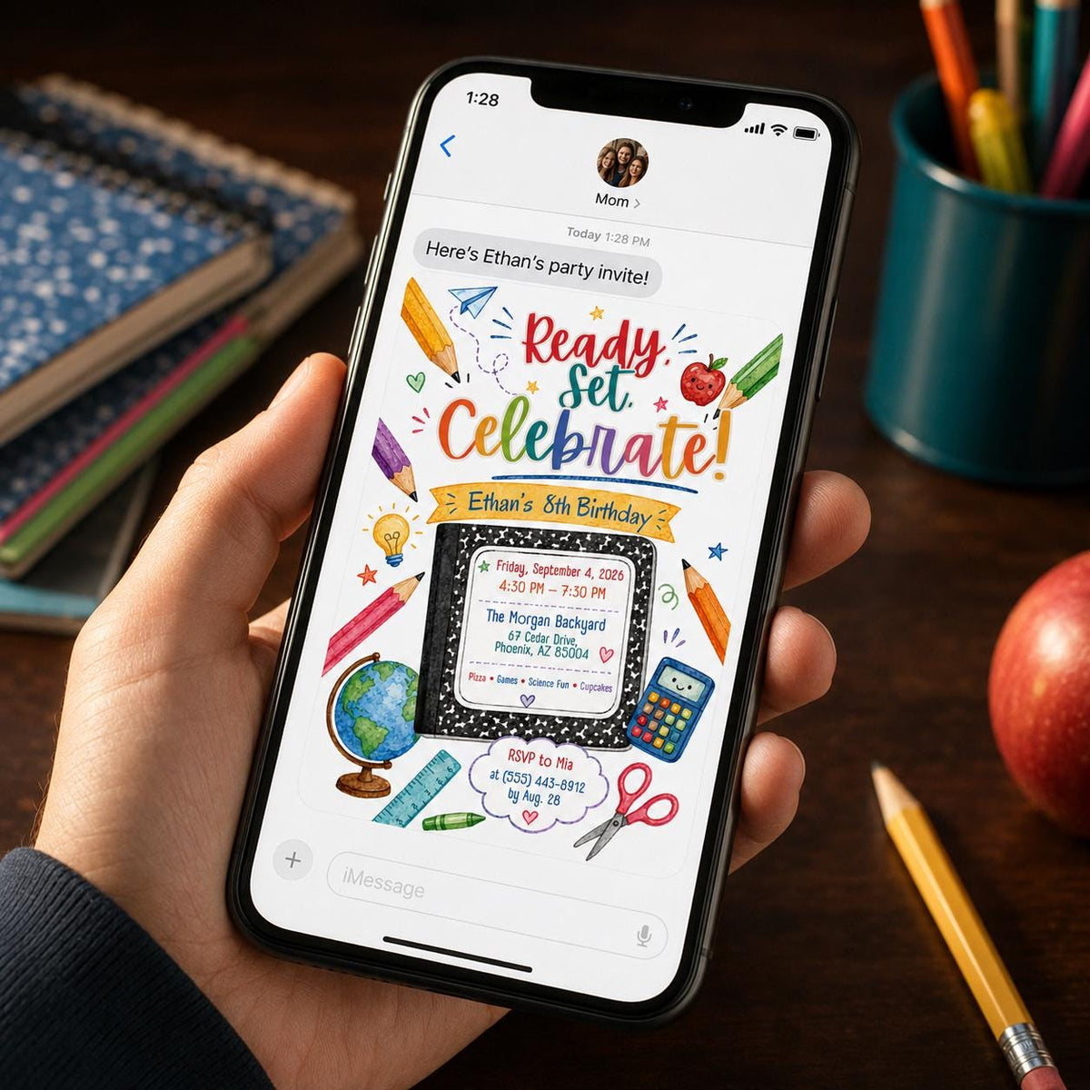 Colorful School 8th Birthday Invitation — digital invitation, instant download